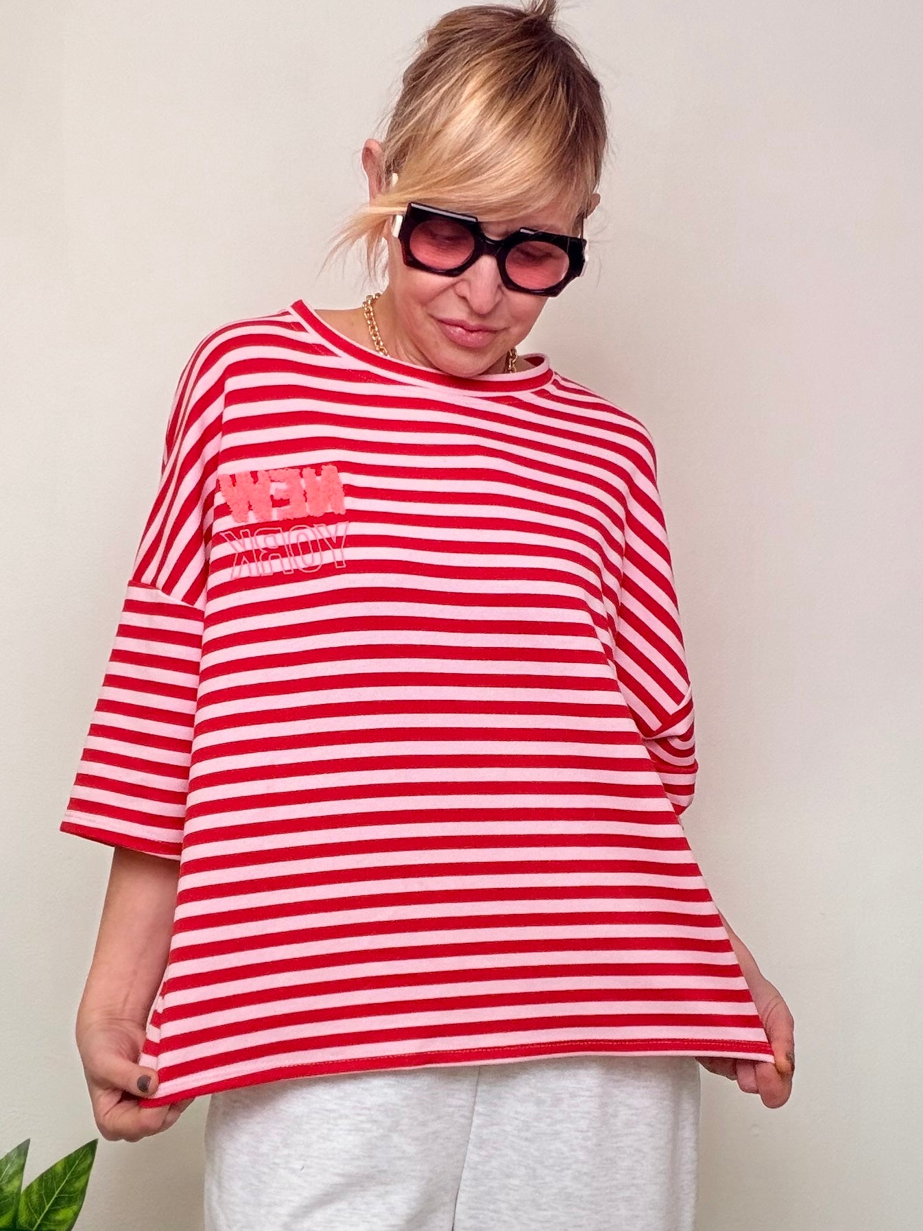 Felpa Oversize a Righe con Stampa "NEW YORK manhattan"