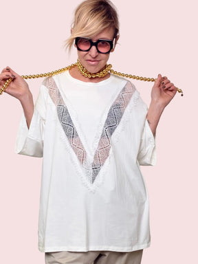 Maglia Oversize con Inserto in Pizzo a V
