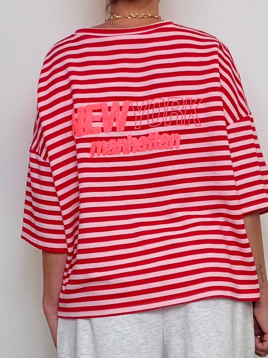 Felpa Oversize a Righe con Stampa "NEW YORK manhattan"