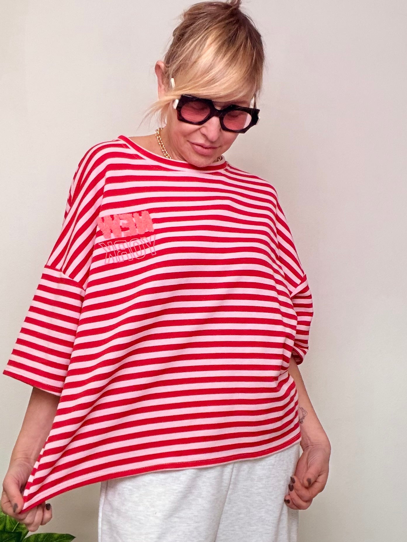 Felpa Oversize a Righe con Stampa "NEW YORK manhattan"