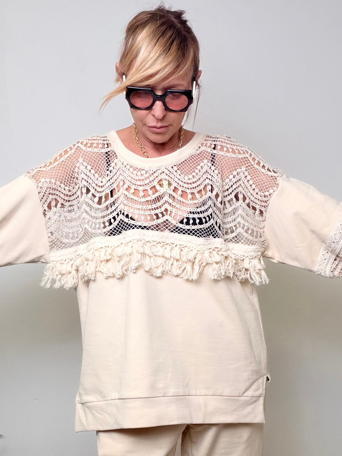 Felpa Macramè con Frange