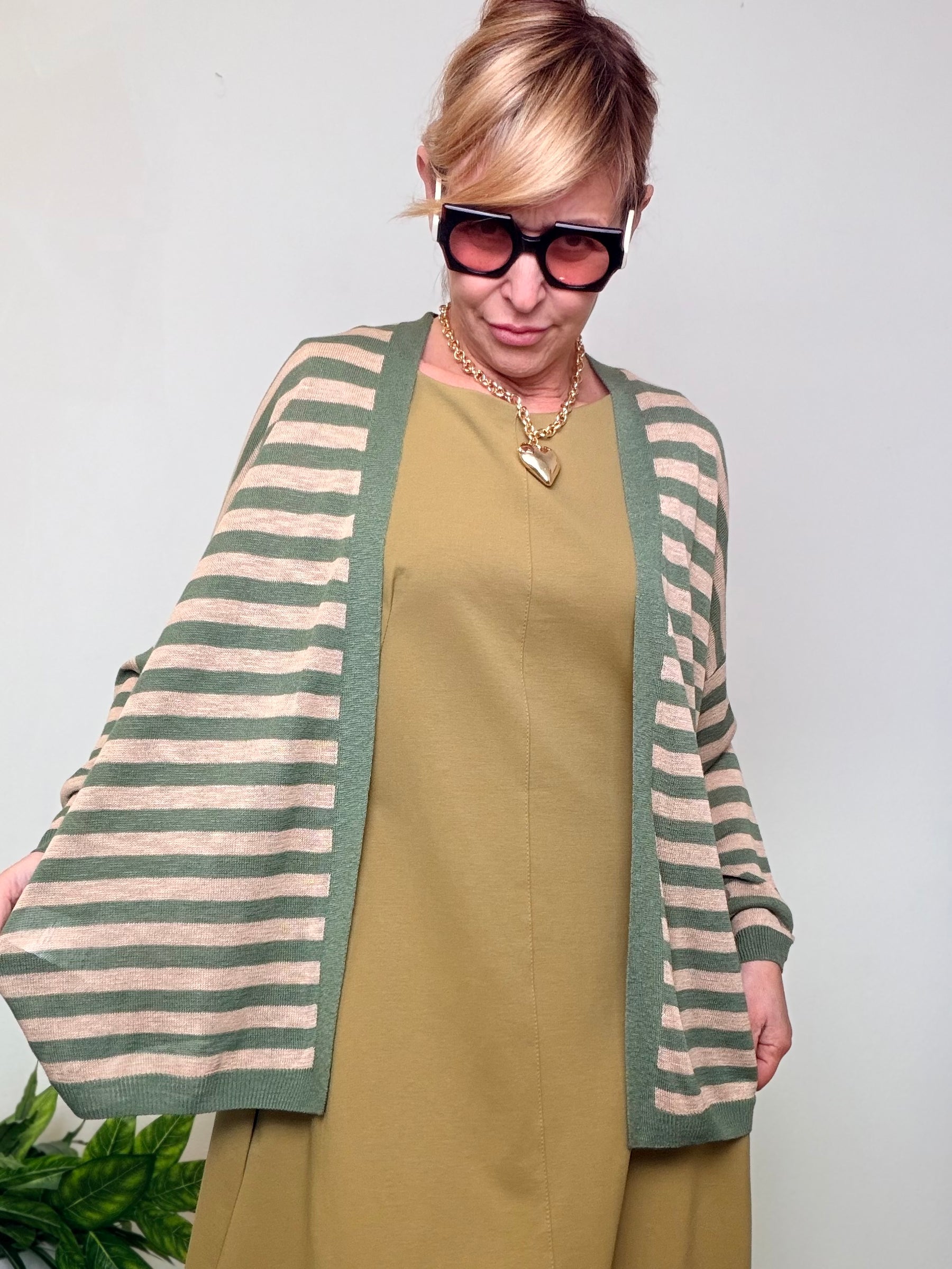 Cardigan Leggero a Righe con Bordino a Contrasto