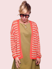 Cardigan Leggero a Righe con Bordino a Contrasto