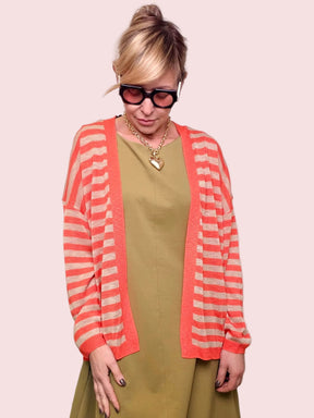 Cardigan Leggero a Righe con Bordino a Contrasto