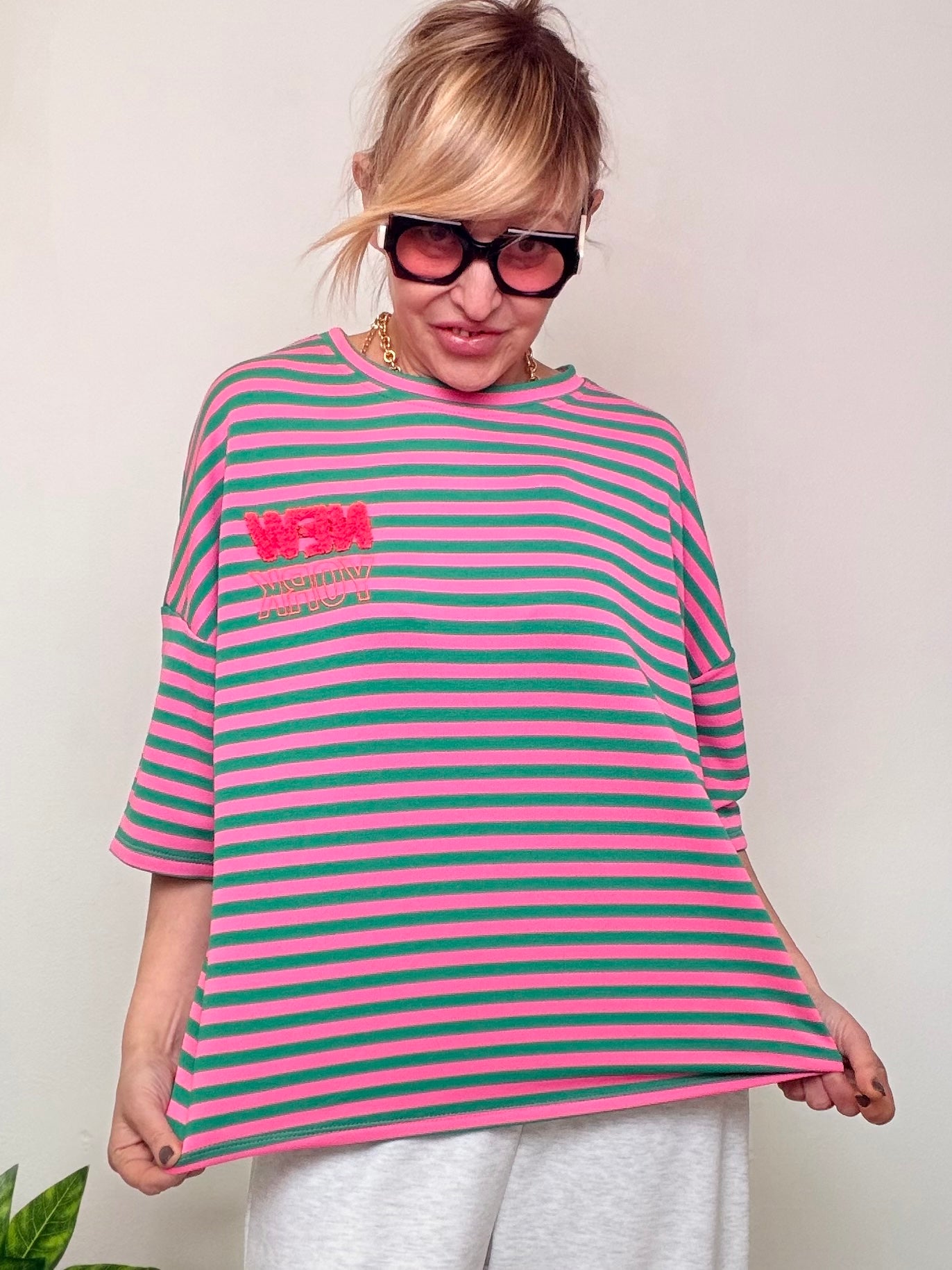 Felpa Oversize a Righe con Stampa "NEW YORK manhattan"