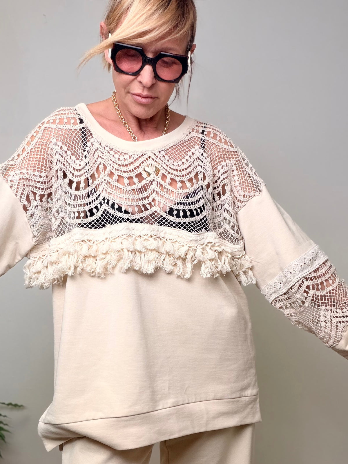 Felpa Macramè con Frange