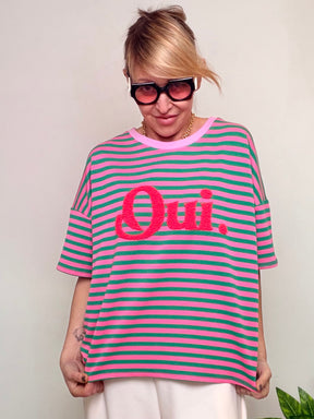 Felpa Oversize a Righe con Stampa "Oui" in Spugna